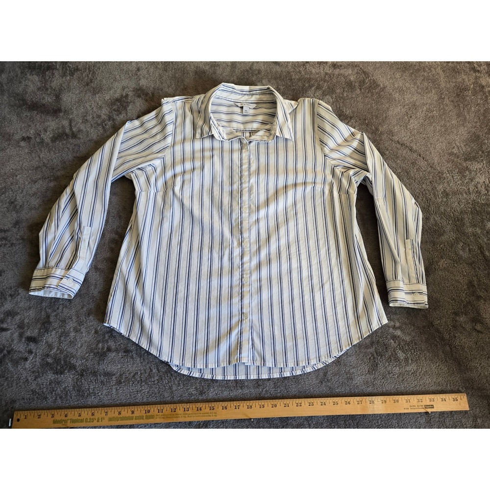 Nine West Button Down Shirt Women XXL Blue White Excellent Striped Long Sleeve